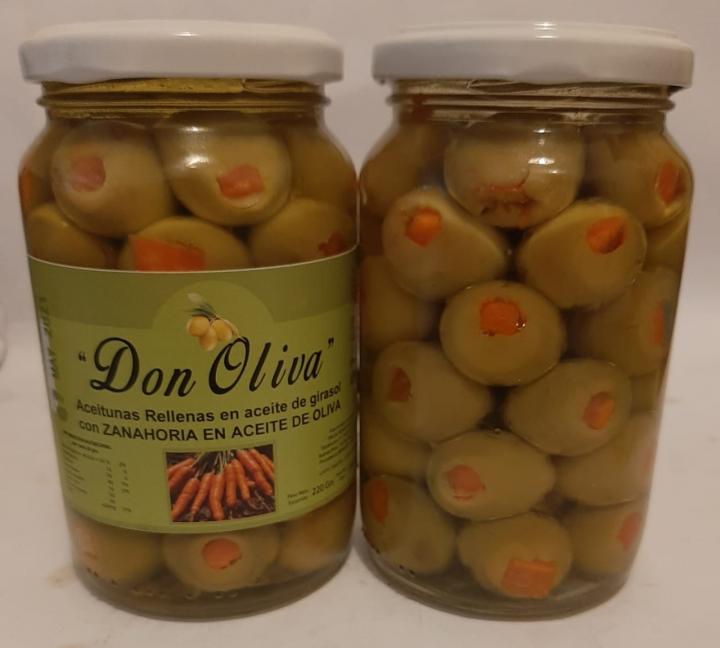 Aceitunas verdes rellenas con Zanahoria en aceite de oliva puro Fco vidrio x 220/330grs